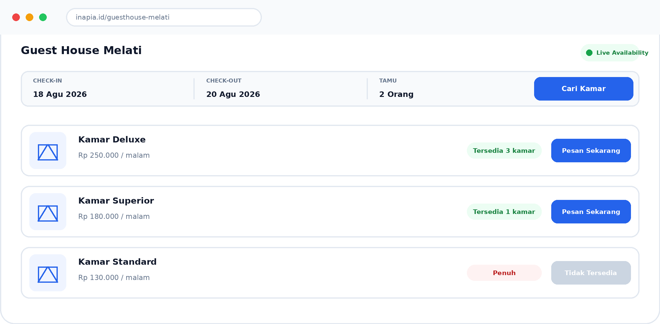Halaman booking online Inapia menampilkan ketersediaan kamar secara real-time yang bisa diakses calon tamu